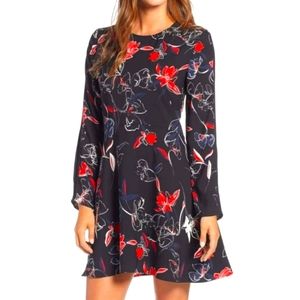 HALOGEN Black, Navy, & Red Floral Marybeth Long Sleeve Shift Dress Size …